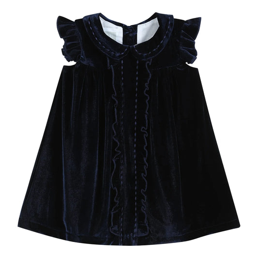 Navy Velour Flutter Sleeve Dress