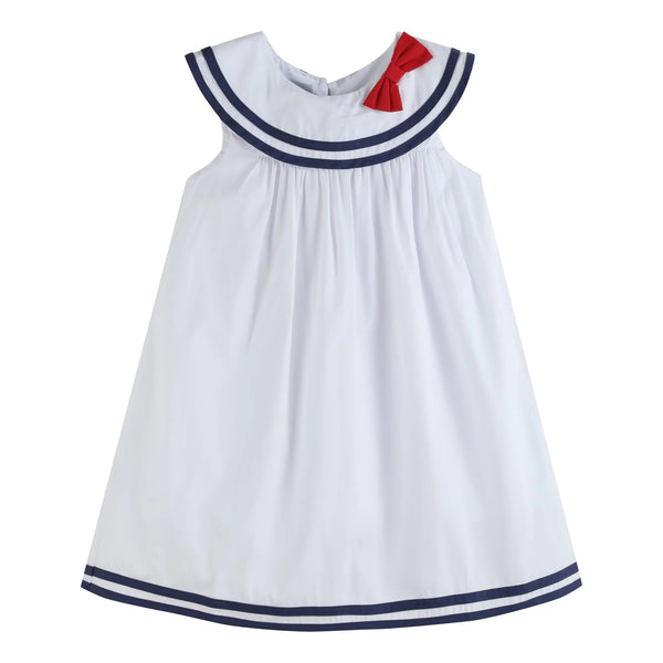 White/Navy Swing Dress with Red Bow