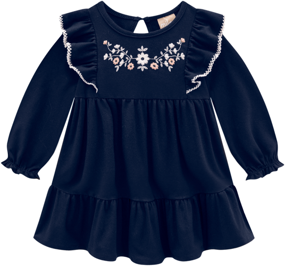 Navy Dress with Floral Embroidery