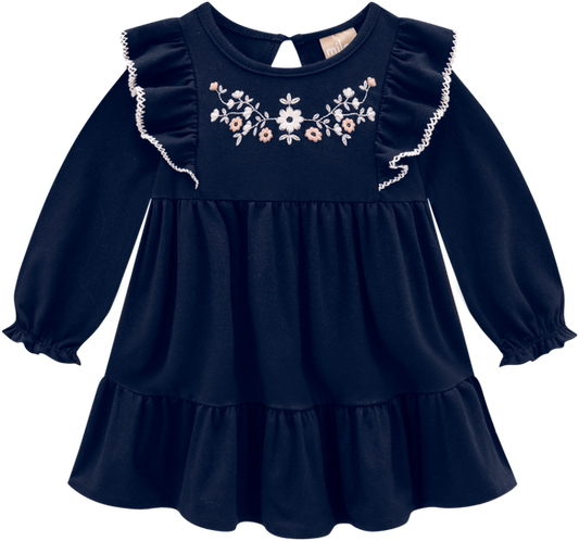 Navy Dress with Floral Embroidery