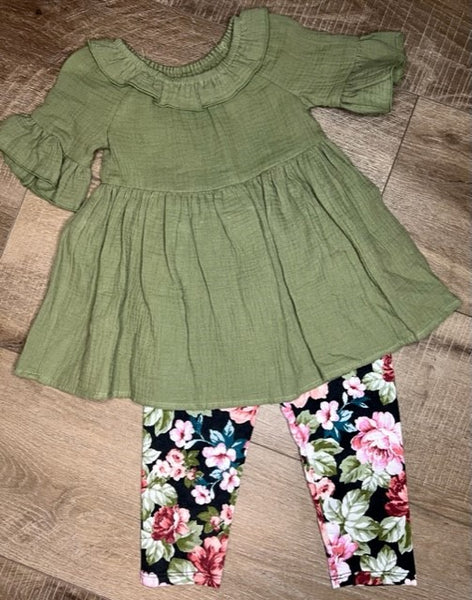 Olive Ruffle Top and Floral Legging Set