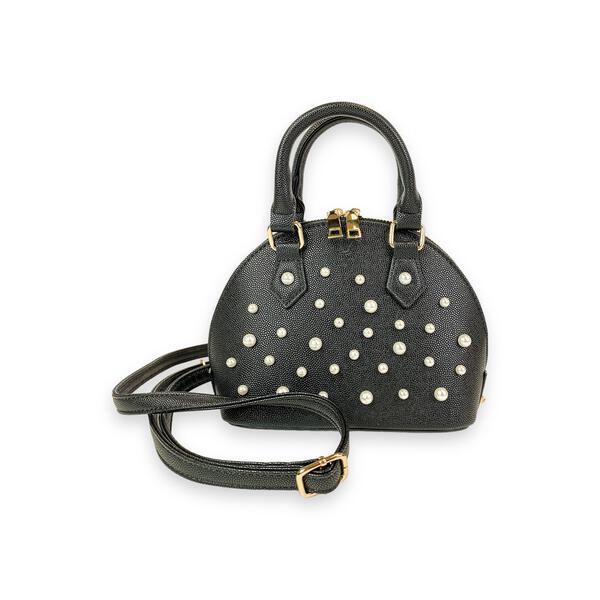 Pearl Studs Black Leather Satchel Bag