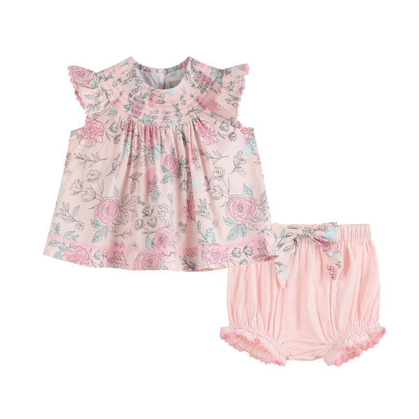 Pink Rose Smocked Top and Bloomers Set