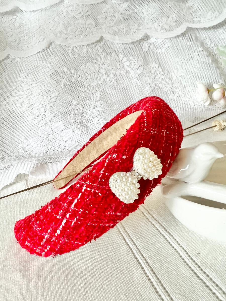 Red Tweed Pearl Bow Headband